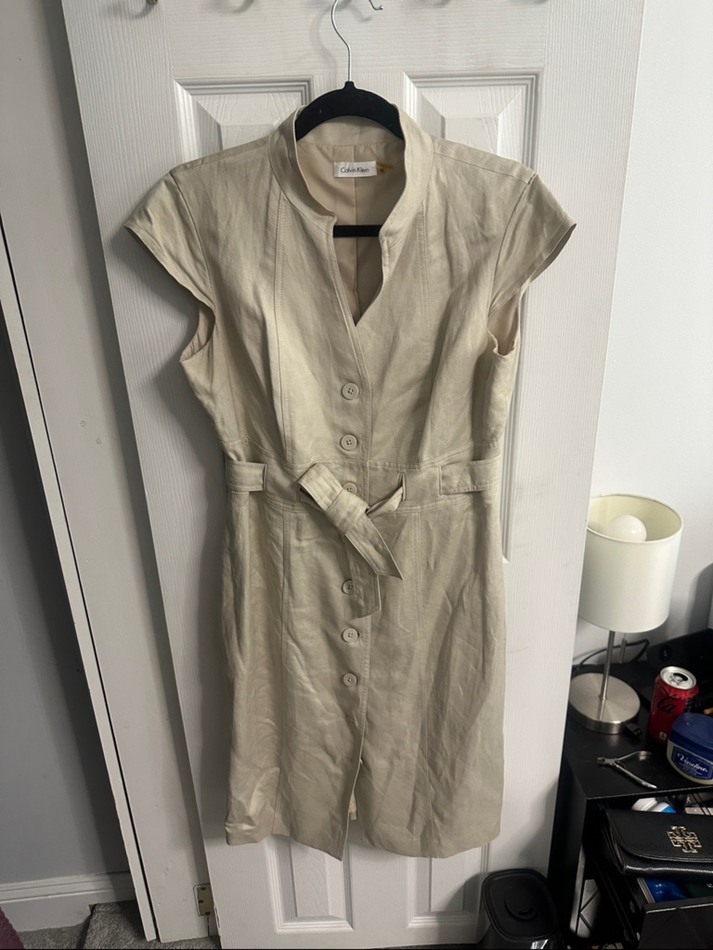 Calvin Klein Light Cream Button-Front Belted Midi Dress